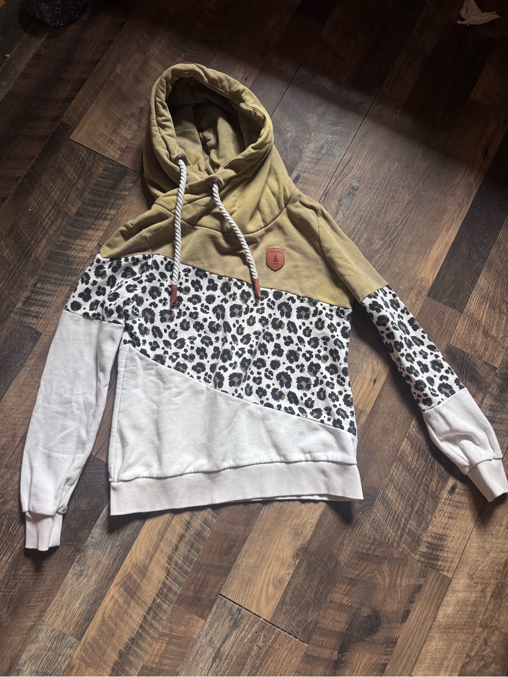 Wanakome Olive, Cream & Leopard Hooded Cowl Sweater